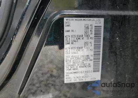 2015 Nissan Pathfinder S из США, поврежденный, VIN 5N1AR2MM8FC624022